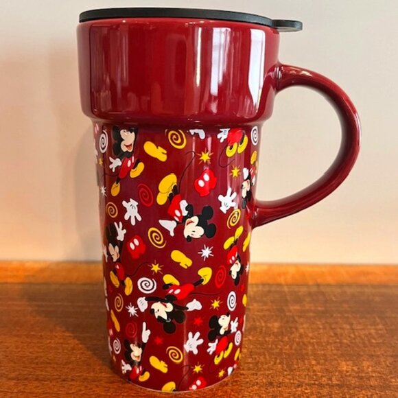 The Disney Store 12oz Mickey Mouse All Over Maroon Travel Mug Cup with Lid - Picture 1 of 8